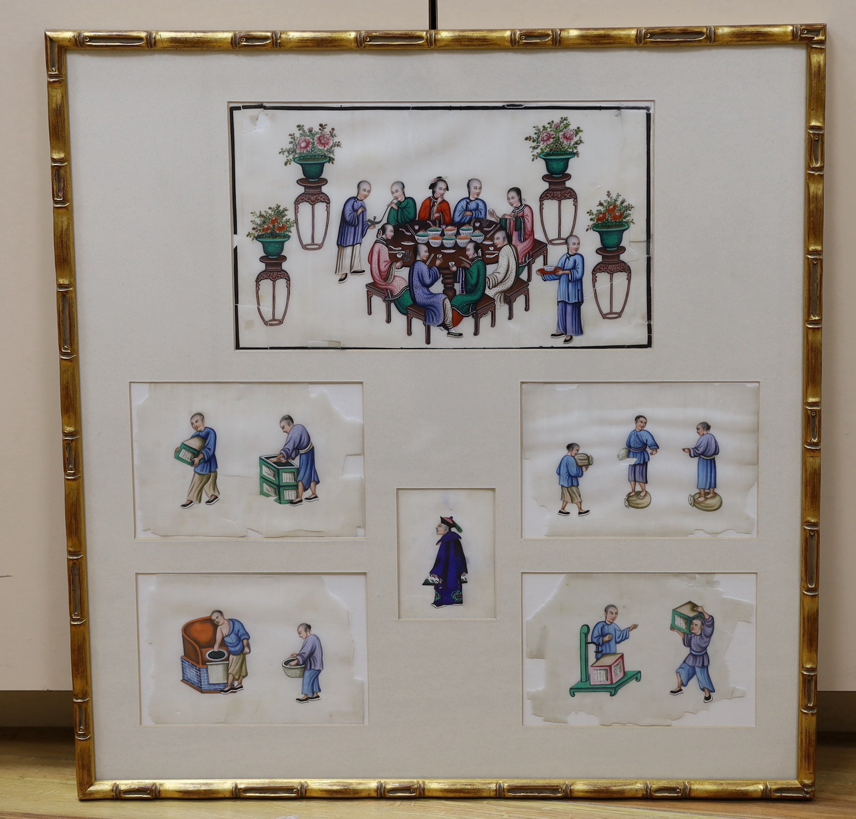 19th century Chinese School, six gouaches on pith paper, Figures around a dining table and other figure studies, largest 18 x 30cm, framed as one